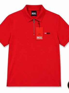 Diesel Men’s Red Quarter Zip Polo Shirt NWT | Logo Short Sleeve Polo